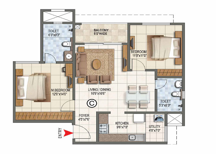 Century OneWorld Seraya 3 BHK Floor Plan