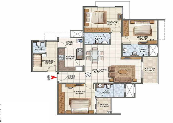 Century OneWorld Seraya 3 BHK Floor Plan